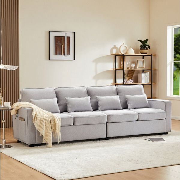Merax 4-Sitzer mit Seitentaschen und Zierkissen, XXL-Sofa mit Leinenbezug,Chaiselounge,Polstermöbel