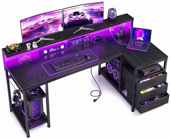 Klyvvo Schreibtisch mit 3 Schubladen, Gaming Schreibtisch L Form mit LED (1-St), mit Stauraum für Homeoffice und Gaming, Schwarz