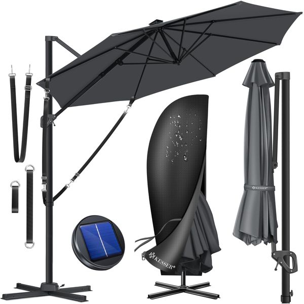 KESSER® Sonnenschirm Ampelschirm SUN Rund XL Ø330 cm Inkl. Windschtzseile & Abdeckung 7-Fach Verstellbar Drehbar Neigbar Kippbar Groß 360° Drehbar Gartenschirm mit Kurbel Sonnenschutz UV50+ Anthrazit, Ohne LED