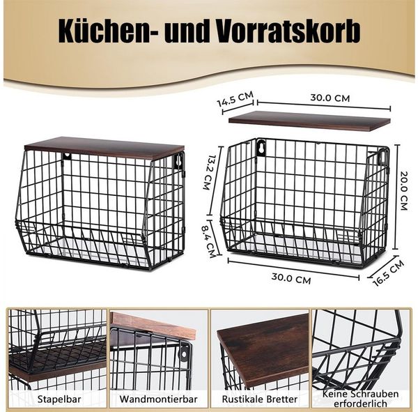 TUWENA Obstschale Obstkorb Hängend, Obst Gemüse Aufbewahrung, Wand Stapelbar Obstschale, (2-tlg), Mit Holzdeckel und Haken, zur Aufbewahrung Von Gemüse, Obst Und Snack
