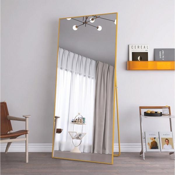 FUROKOY Ganzkörperspiegel Standspiegel Ganzkörperspiegel aus gehärtetes Glas,Wand Ganzkörper (Großer Spiegel Rechteckiger Bodenspiegel mit Rahmen, 140x40cm, Gold), Aluminiumrahmen, für Schlafzimmer, Wohnzimmer, Badezimmer