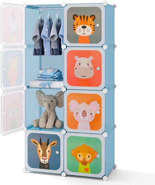 Kleiderschrank für Kinder Babyschrank mit 8 Würfeln & Hängebereich niedliche Cartoon-Kommode Blau