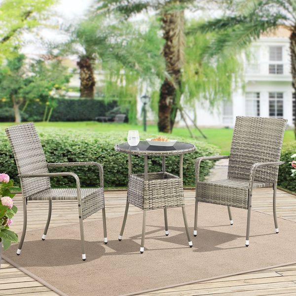 Juskys Polyrattan Gartentisch Yoro wetterfest - Balkontisch Ø 60 cm rund - Rattan Beistelltisch mit Glasplatte - kleiner Tisch für Balkon - Grau