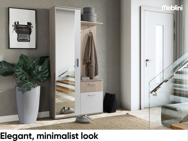 MEBLINI Garderobenschrank Flur mit Spiegel - LUXOR - 97x30x195cm R/L - Sonoma Eiche - Garderobe Schrank - Flurgarderobe schmal - Garderobe Flur Möbel Set - Flurschrank hoch Bild 3