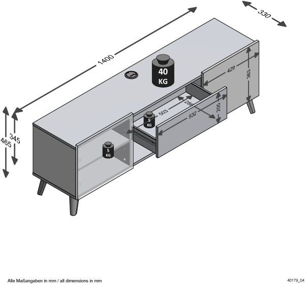 FMD Möbel - BRIGHTON 2 - TV-Board - melaminharzbeschichtete Spanplatte - Eiche Nb - 140 x 46,5 x 34,5cm