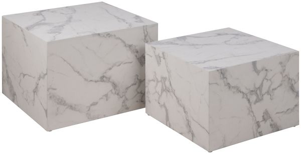 AC Design Furniture Dicte quadratischer Couchtisch 2er-Set, Weiß mit Marmoroptik, Eleganter Wohnzimmertisch, Beistelltisch für Wohnzimmer, B: 58 x H: 40 x T: 58 cm und B: 50 x H: 33 x T: 50 cm