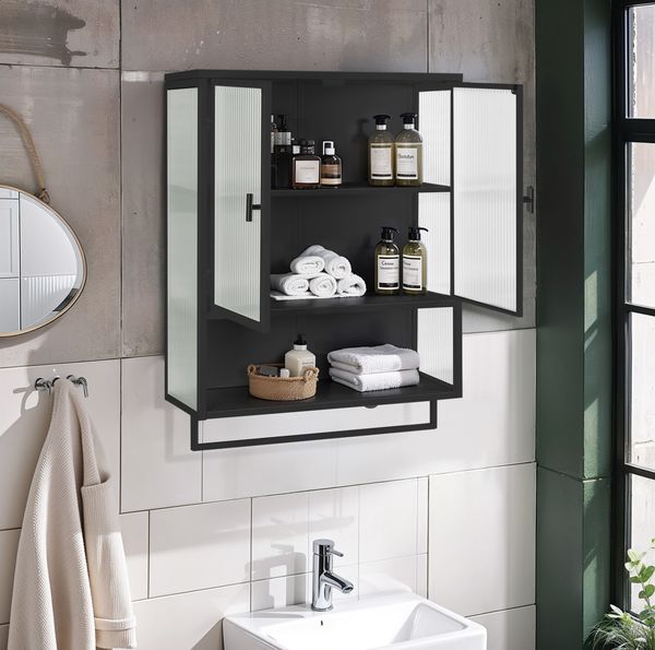 Wandhängeschrank mit Glastüren, 2 Türen, Ablage & Handtuchhalter, schwarz, 60x23x78 cm