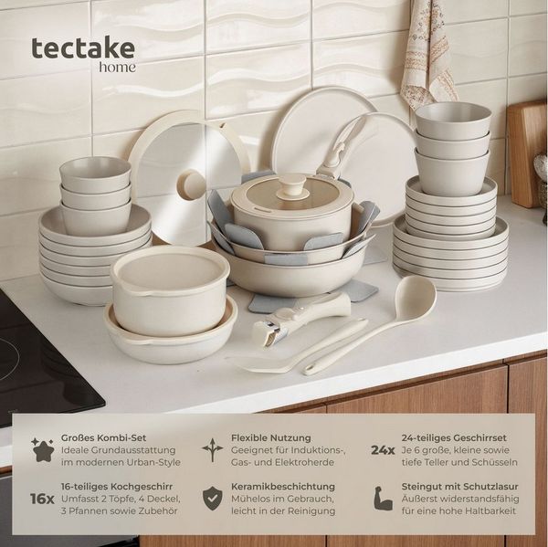 tectake Kochbesteck-Set Küchenstarterset aus Steingut mit Glasur, hitzebeständig und (Geschirrset Una/Genua, 40-tlg, in taupe/weiß), rostfreies Aluminium mit Antihaftbeschichtung, induktionsgeeignet