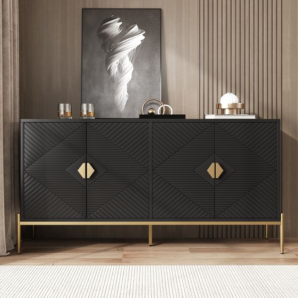 Sideboard Schwarz mit geometrischer Front, 4-türig, Metallbeine, goldene Griffe, großer Stauraum,Wohnzimmer- & Esszimmer