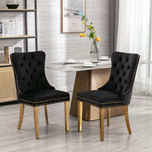 Esszimmerstühle 2er Set Samt mit hoher Rückenlehne, Massivholz & Ziernägel, modern luxuriös,Schwarz & Gold