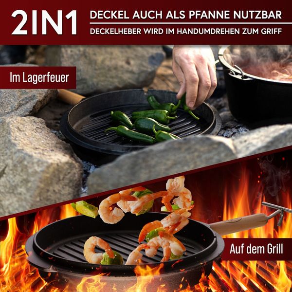 Gusseisen Set 8-teilig in Holzbox – Dutch Oven 4,5 l, Pfanne Ø 26 cm, Saucentopf, Zubehör & Rezeptbuch, ideal für Grill & Outdoor