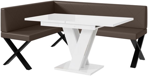 MEBLINI Eckbank für Esszimmer mit ausziehbarem Tisch - Küchenbank - Essecke - Sitzecke Küche - ERIC - X-Beine 128x168x87cm Links - Braun Kunstleder/M Weiß Hochgl.