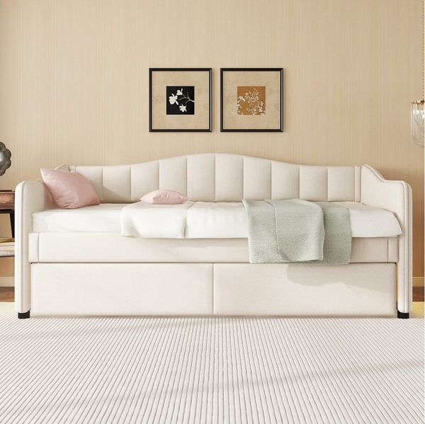 STILVORA Polsterbett 90x200 Schlafsofa mit bettfunktion Tagesbett ausziehbar Leinen beige (Einzelbett im minimalistischen Stil, inkl. Ambiente-Licht, 90 x 200 cm), ohne Matratze
