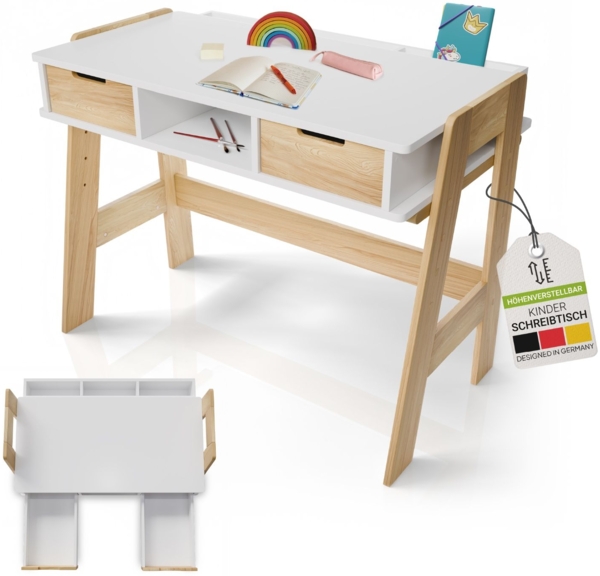 Juskys Kinder Schreibtisch Fietje - höhenverstellbar, 2 Schubladen, robustes Material, kratzfest, viel Stauraum - Kinderschreibtisch aus Holz