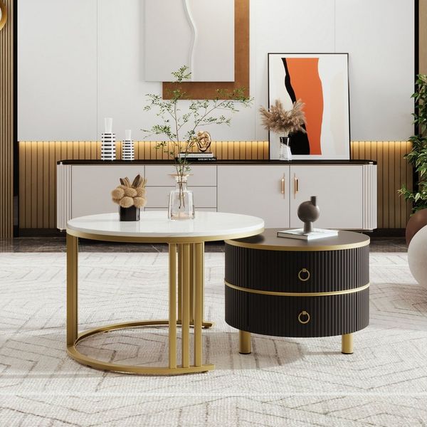BlingBin Couchtisch 2-in-1 Couchtisch, Beistelltisch, Kaffeetisch, Wohnzimmertisch (Sofatisch mit 1 Glänzender Platte und 1 Weißer Marmorplatte, 2-St, 70*70*46 & 50*50*40 cm, Produkt Tragfähigkeit: 80KG), Couchtischkombination mit 2 Schubladen für Wohn...