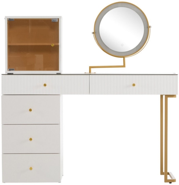 OKWISH Schminktisch luxuriöser Frisiertisch für moderne Schlafzimmer (Frisiertisch mit Schubladen und Kommode, ohne Hocker, 120*45*115 cm), mit 3-farbigen LED-beleuchtetem Spiegel, transparenter Tischplatte