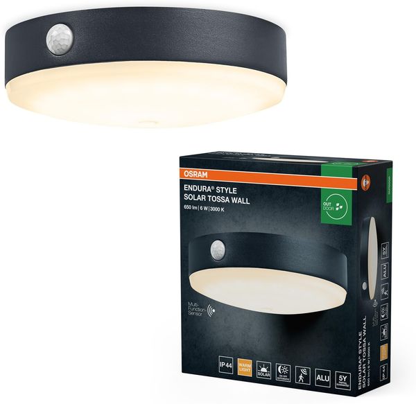 Osram ENDURA Style Solar-Wandleuchte Tossa, warmweißes Licht (3000K), integrierter Sensor, ohne Strom nutzbar, bis acht Stunden Brenndauer, Schutzklasse IP44, schwarz