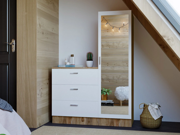 Vente-unique - Kommode mit 3 Schubladen - Spiegelschrank - Weiß & Holzfarben - VITORIO