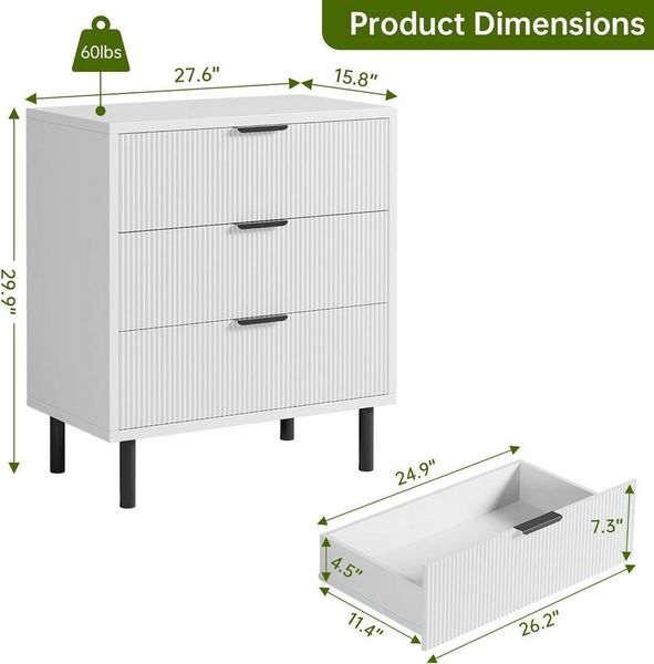GarveeMore Kommode Kommode mit 3 Schubladen Sideboard Schubladenschrank 70x40x76cm