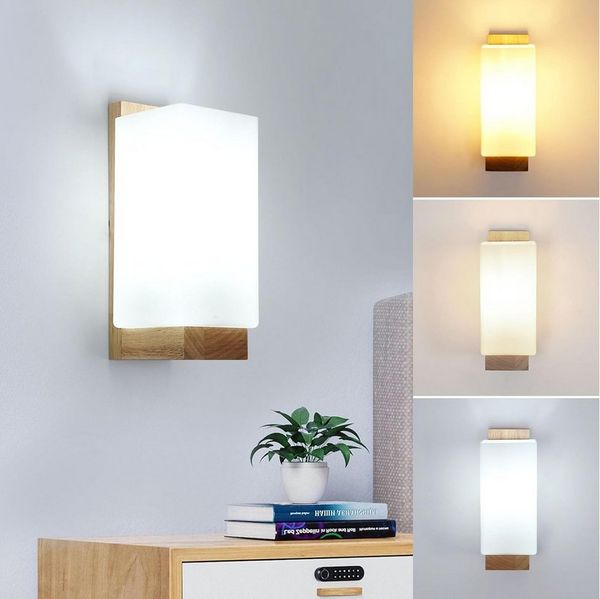Riserva Wandleuchte Skandinavische Wandlampe Holz Glas, 12W 3-Stufen Licht, E27