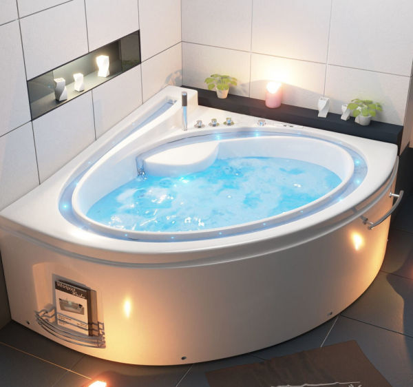 Luxus LED Whirlpool Badewanne 165x148 Eckwhirlpool Eckbadewanne Eckwanne 2 Pers.