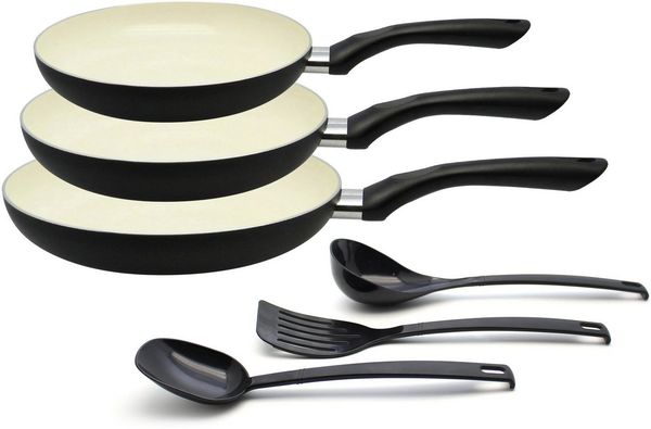 Elo - Meine Küche Pfannen-Set Prima Cucina 6 teilig, Aluminium (Set, 6-tlg, 1x Bratpfanne Ø 20/24/28 cm, 1x Grillzange, 2x Stapelschutz), Induktion