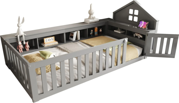 Kinderbett mit Lattenrost und Zaun, 90x200 cm, Rausfallschutz, Stauraum, Regal, Einzelbett, Jugendbett, Kiefer