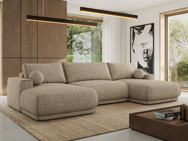 XXL Wohnlandschaft RINA U-Form 360 cm breit, Sofa mit Schlaffunktion & DL-Mechanismus, Wellenfederung, modern freistehend - Dunkelbeige Strukture