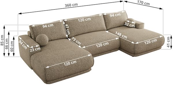 XXL Wohnlandschaft RINA U-Form 360 cm breit, Sofa mit Schlaffunktion & DL-Mechanismus, Wellenfederung, modern freistehend - Dunkelbeige Strukture Bild 7