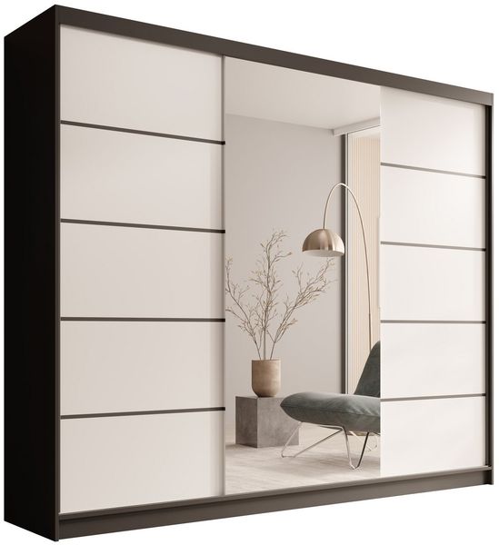 MOEBLO Schiebetürenschrank Tivora 250 (Moderner, platzsparender Kleiderschrank mit Spiegel für Schlafzimmer und Ankleidezimmer, 3 Schiebetüren, 11 Einlegeböden, stabile Kleiderstange, Wohnzimmerschrank mit Spiegel, Schwebetürenschrank Schrank Garderobe...