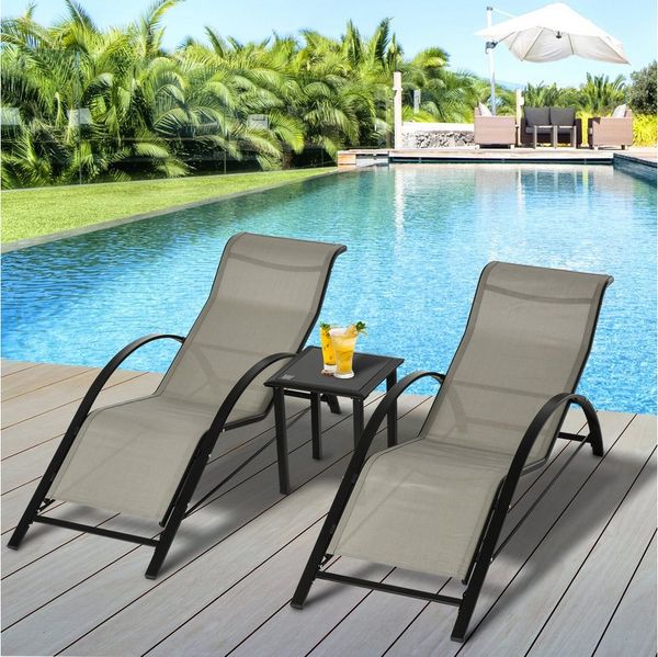 Outsunny Gartenliege 3-tlg. Sonnenliege mit Tisch, Liege, 3 St, Gartensitzgruppe, Metall Mesh Grau+Schwarz 2 x Sessel 1 x Tisch