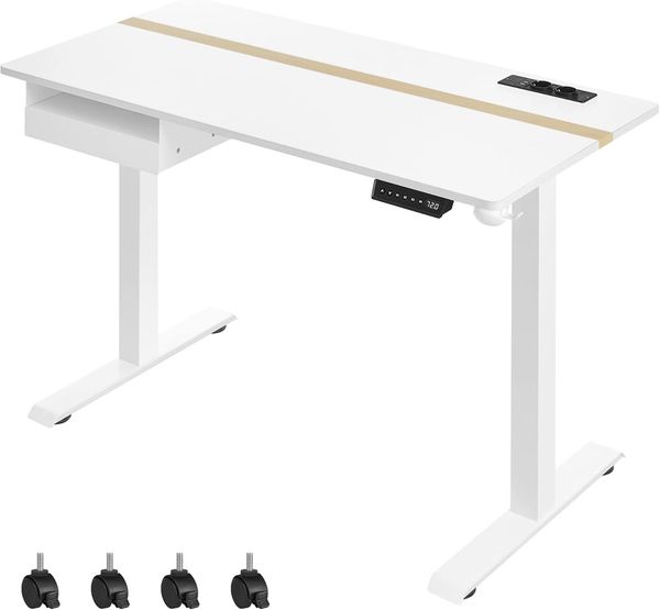Vasagle Höhenverstellbarer Schreibtisch elektrisch, mit Steckdose und Schublade, stufenlos verstellbar, Memory-Funktion mit 4 Höhen, weiß, Tischoberfläche 60x120 cm