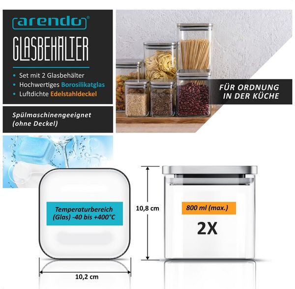Arendo Aufbewahrungsbecher Glasbehälter-Set 2x 0,8 L, Borosilikatglas mit Edelstahldeckel, Borosilikatglas, Edelstahl, Silikon, (Vorratsbehälter-Set, 2-tlg, 2er Set), Hitzebeständig, umweltfreundlich, langlebig, mikrowellengeeignet