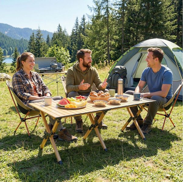 Outsunny Campingtisch mit Aufrollbare Tischplatte, Holz-Optik, Tragetasche (Klapptisch, 1-St, Falttisch), für Picknick Wandern Reisen Eiche