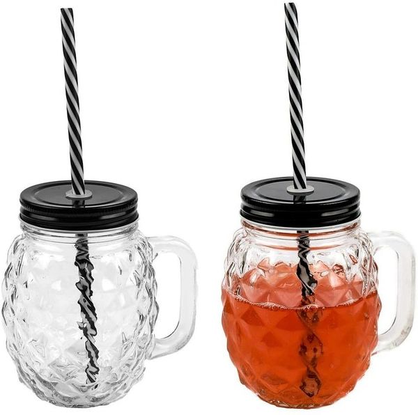 Sinoba Gläser-Set 3D Ananas Trinkglas Set Trinkgläser Garten Party Sommer Grill Deko, 2-tlg, mit Deckel und stabilem Strohhalm 450ml