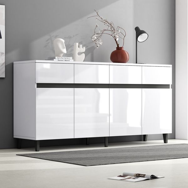 Sideboard 160 cm Weiß Hochglanz, Kommode mit 4 Schubladen & Türen, verstellbare Regale, Anrichte für Wohnzimmer Esszimme