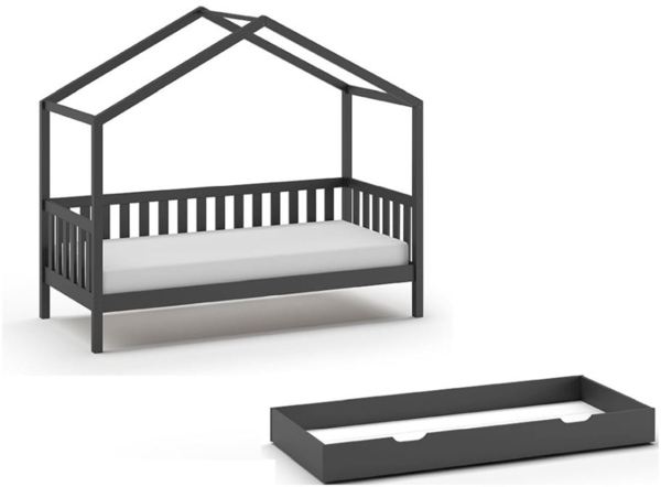 Hausbett Kapua 210x97x170 Kinderbett Massivholz Anthrazit