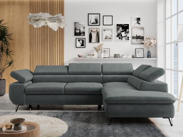 Ecksofa mit Bettfunktion, Modern Sofa, L-form, Einstellbare Kopfstützen, Bettkasten, PETER, 1x Ecksofa, 1x Topper, Dunkelgrau, Mikrofaser, rechts