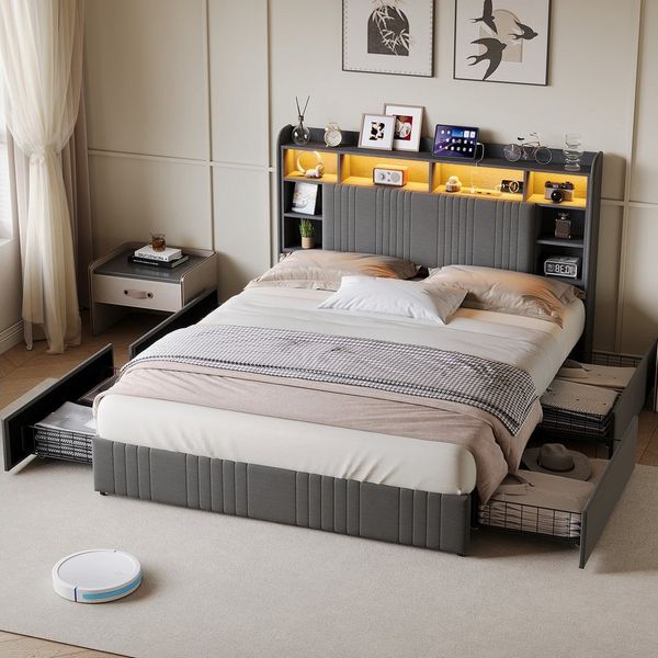ADWOLT Polsterbett Doppelbett Stauraumbett Mit Stauraum (Packung), 140x200 cm,4 Schubladen,LED-Licht und USB + Typ-C,Leinenstoff-Grau