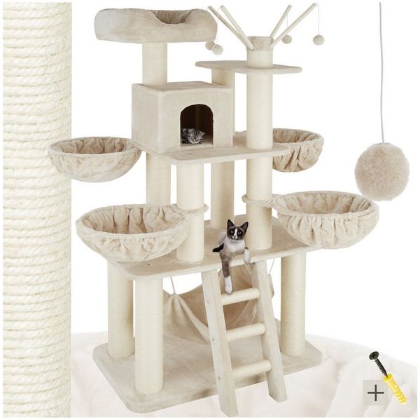 tectake Kratzbaum Katzenbaum Gismo 195 cm Diverse Farben (Beige/Weiß), Vielseitig mit robusten Sisalstangen und Plüschoberfläche