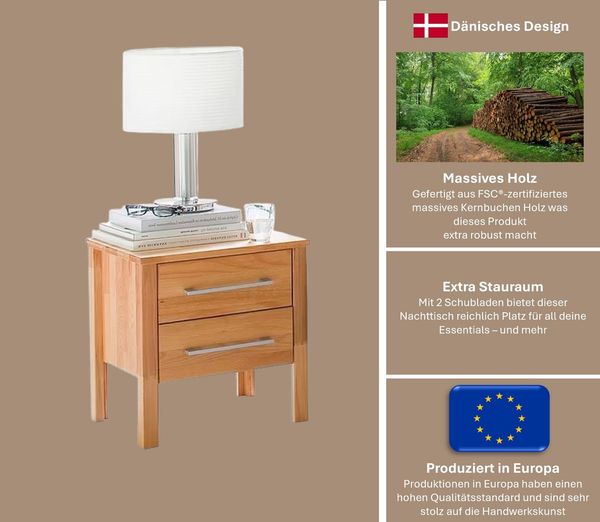 Home affaire Nachtkonsole Modesty, aus massivem Kernbuchen Holz, mit 2 Schubladen, Breite 45 cm