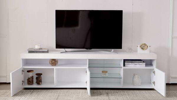 Moderner TV-Schrank 180x35x48 cm aus MDF in Weiß mit variabler LED-Beleuchtung und Hochglanzoptik, 180x35x48 cm
