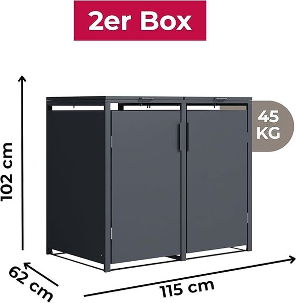2er Mülltonnenbox für 120 l in Anthrazit - Premium Verkleidung Wetterfest & Korrosionsbeständig - Storage Cabinet Möbelschrank mit Gasdruckdämpfer Soft-Close Deckelseilzug Magnetverschluss Bild 3