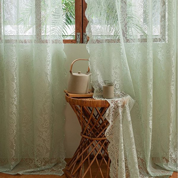 Sunicol Vorhang 2er Set Transparent Gardinen mit Spitze Blumen Bestickte, Voile Vorhänge Luftig Dekoschal für Wohnzimmer Schlafzimmer, Mintgrün