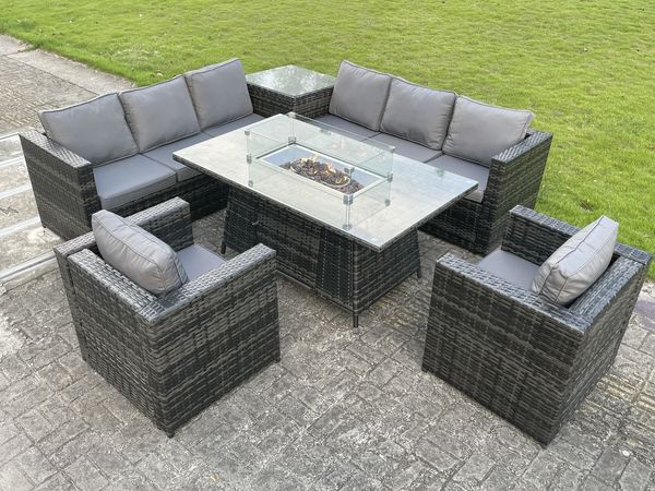 Fimous Rattan Garten Eckmöbel Gas Feuergrube Esstisch Gas Heizung Sets Lounge Stühle Beistelltisch Dunkelgrau 8 Sitzer