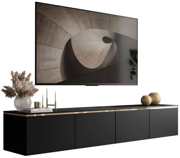 ALLHOUSE24 TV-Schrank NELLY Schwarz Matt Hängeschrank mit LED-Beleuchtung TV-Unterschrank Breite 200 cm