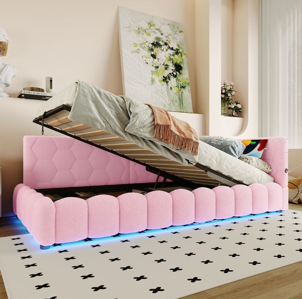 Daybett 90x200 cm mit hydraulischem Bettkasten, LED-Lichtleiste, USB- und Typ-C-Anschluss, Rosa