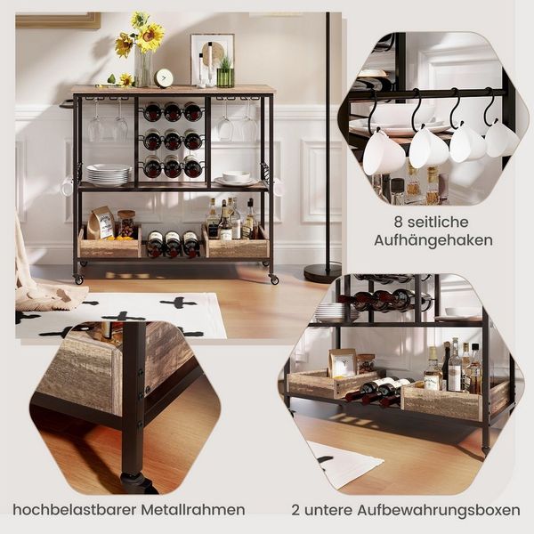 COSTWAY Servierwagen, Küche, mit Rollen, Glashaltern, Weinregal & Haken