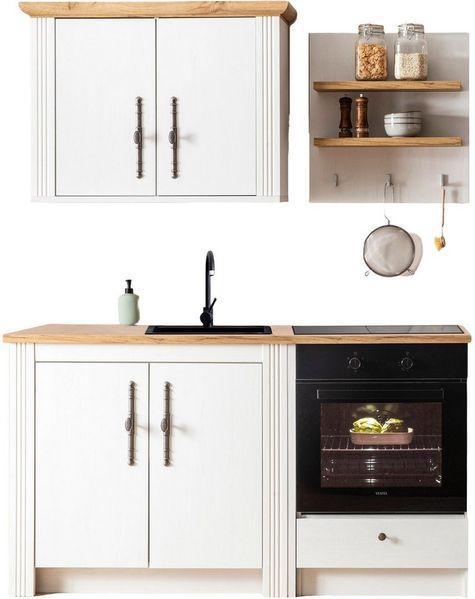 OTTO home Küchenzeile KS-Westminster, Pantryküche im Landhaus Stil, hochwertige Metallgriffe, (Set), Breite 164 cm, Kommode, Wandpaneel, Hängeschrank und Herdumbau
