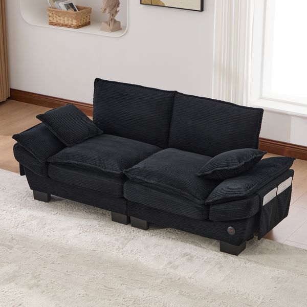 2-Sitzer Sofa aus Cord 190x73x84 cm mit USB-C & Seitentaschen, schwarz